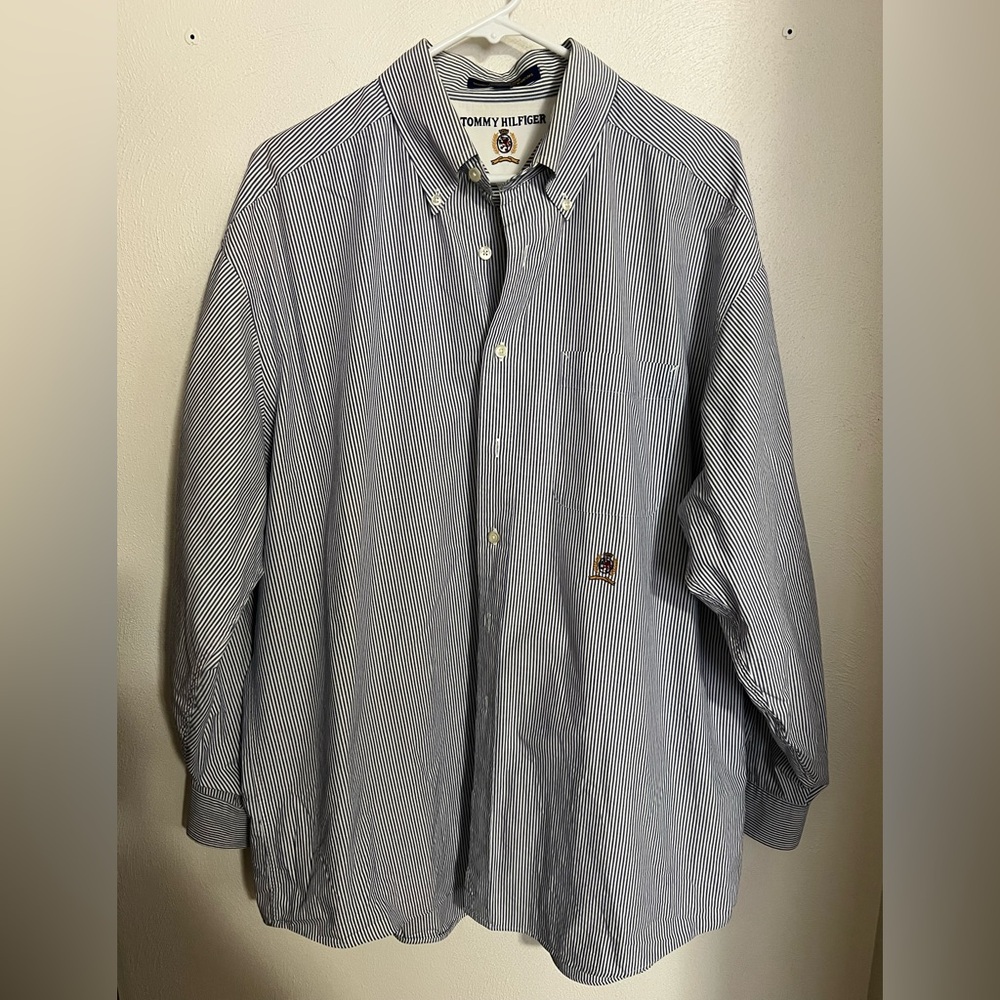 TOMMY HILFIGER Classic Vintage Stripes Button Down Dress‎ Shirt Blue White 17.5